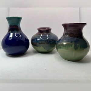 Neher pottery stoneware vases blue green handmade signed 3 inch lot of three